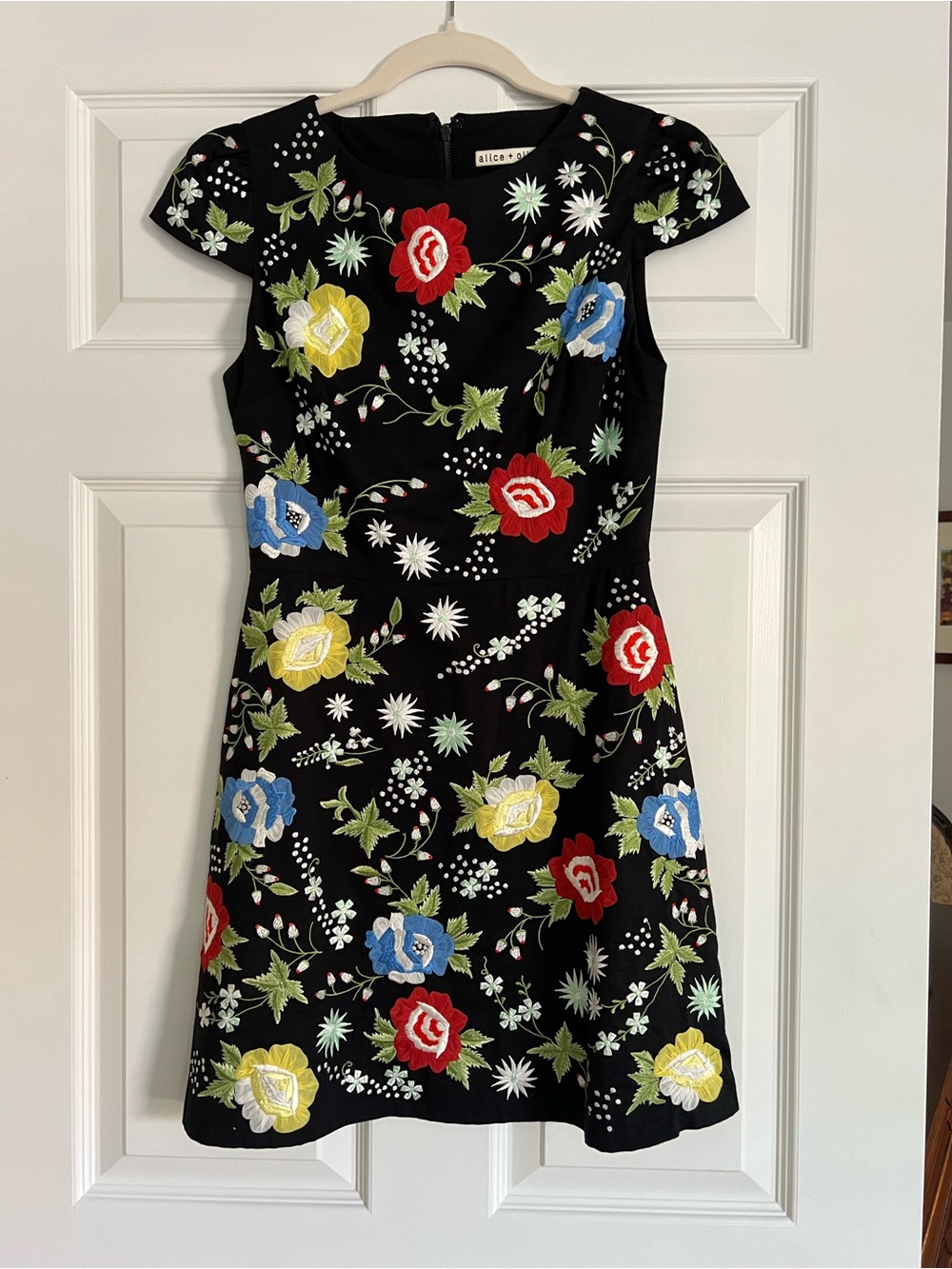 Alice + Olivia Black Floral Embroidered A-Line Mini Dress